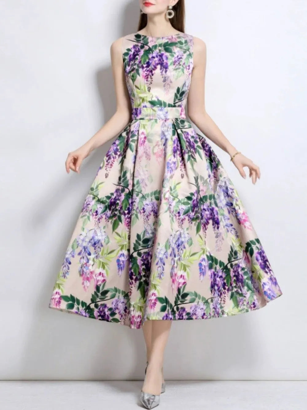 Maicy Purple Sleeveless Floral Midi Dress Flowering Girl
