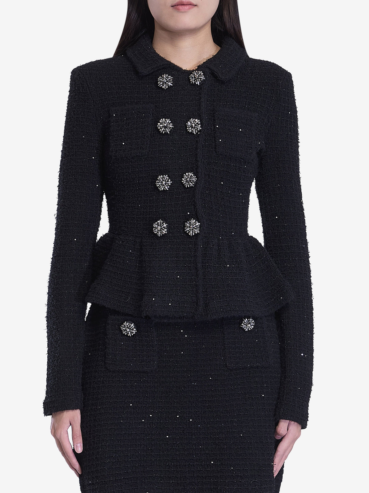 Textured knit jacket skirt suit in black Flowering Girl