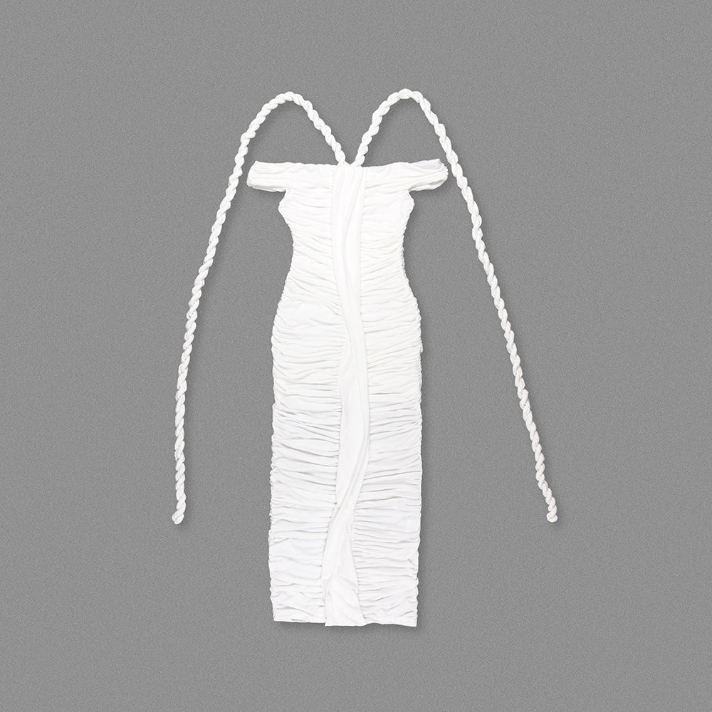 cara white off-shoulder ruched bodycon maxi dress with rope embellished Flowering Girl