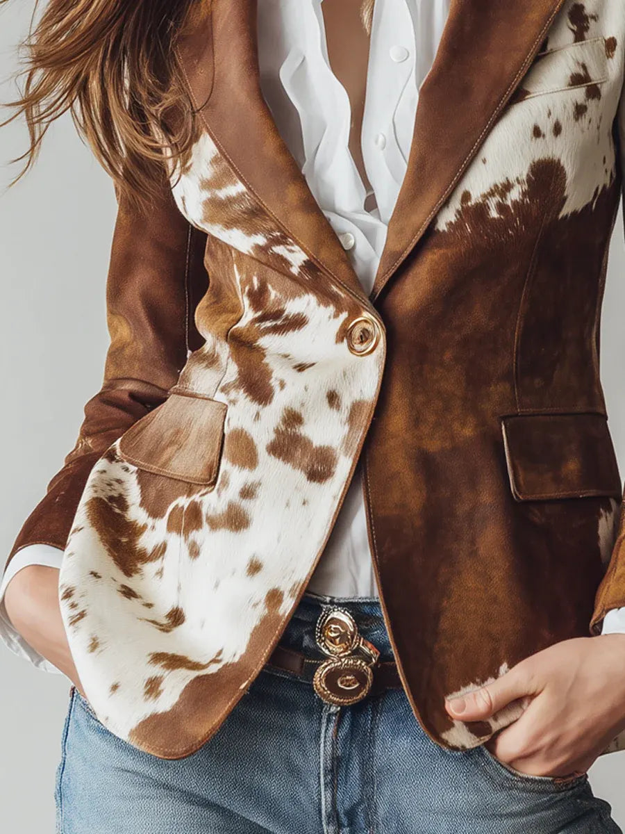 Retro Brown Cow Print Suit Jacket Flowering Girl