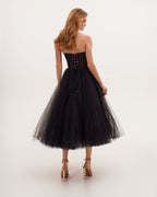 Black Strapless Puffy Midi Tulle Dress Flowering Girl