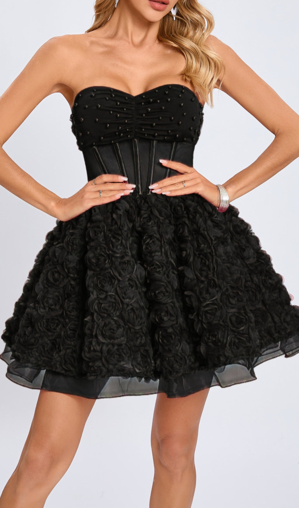 Eustacia Black Strapless Flower Corset Mini Dress Flowering Girl