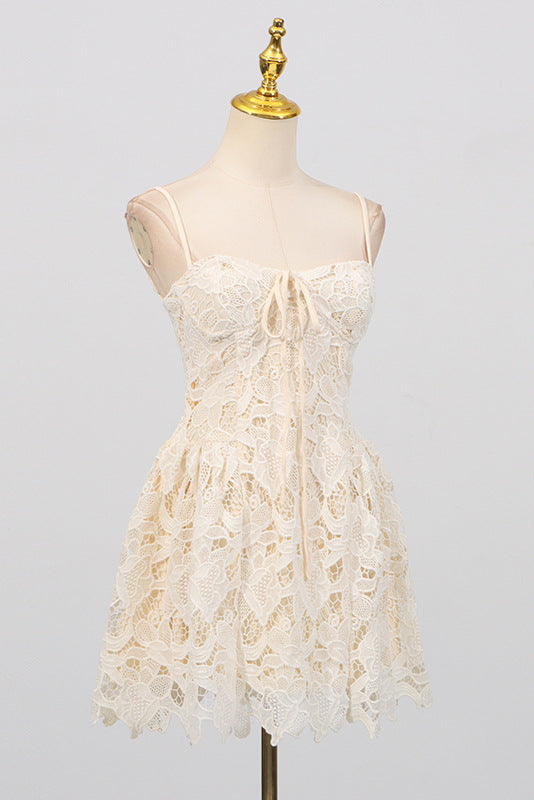 Lace Hollow Sleeveless Mini Dress In Yellow Flowering Girl