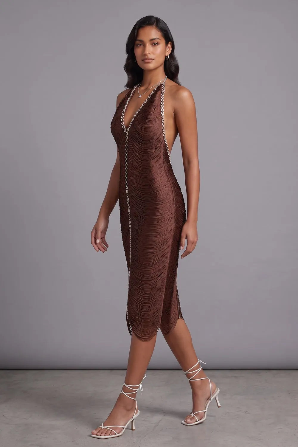 Chocolate Brown Micro-Fringe Textured Synthetic Sheath Dress Flowering Girl