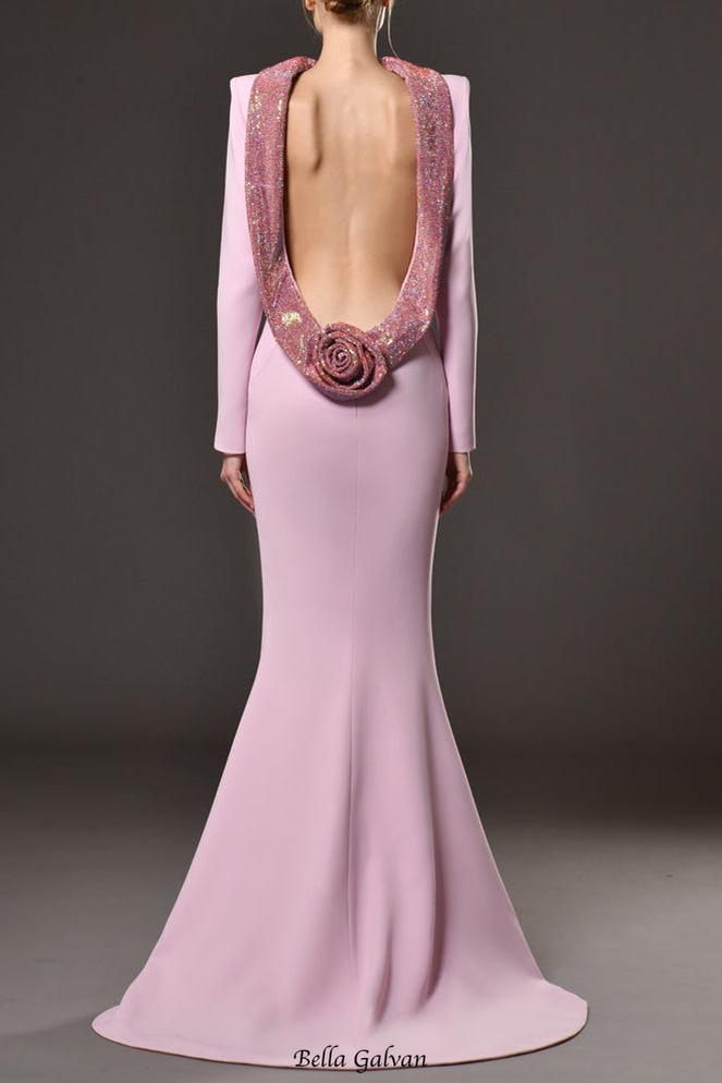 Violet Pink Crêpe Maxi Dress With Crystal Chainmail Flower Flowering Girl
