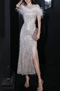 Champagne Feather Sequin Maxi Dress Flowering Girl