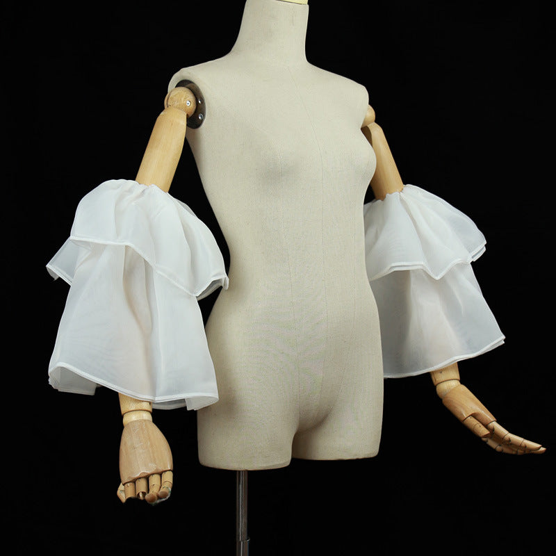 White Double Layer Ruffle Organza Detachable Bell Cuff Sleeves Flowering Girl