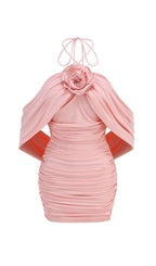 Brick Pink Halter Flower Draped Mini Dress Flowering Girl