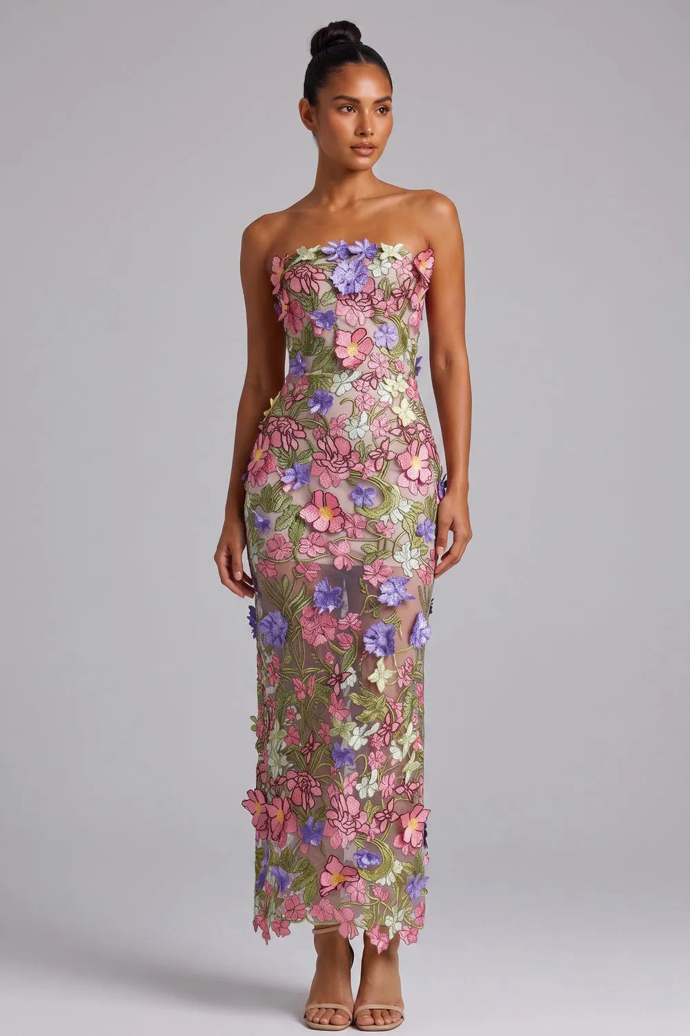 3D Floral Appliqué Strapless Maxi Dress Flowering Girl