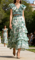 Khai Green Printed Two-Piece Set Flowering Girl