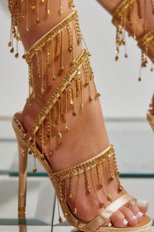 Arabella Rhinestone Tassel Stiletto Heels - Gold Flowering Girl