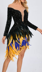 Long Sleeve Sequin Feather Dress Black Flowering Girl