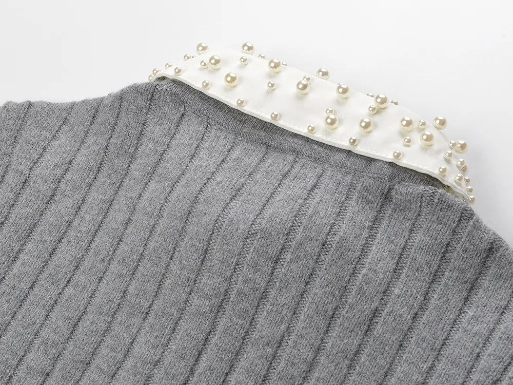 Beaded Collar Ribbed Sweater Flowering Girl