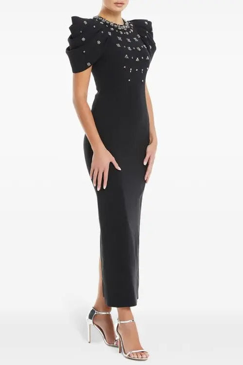 Roxanne Crystal-Embellished Crepe Bodycon Gown In Black Flowering Girl