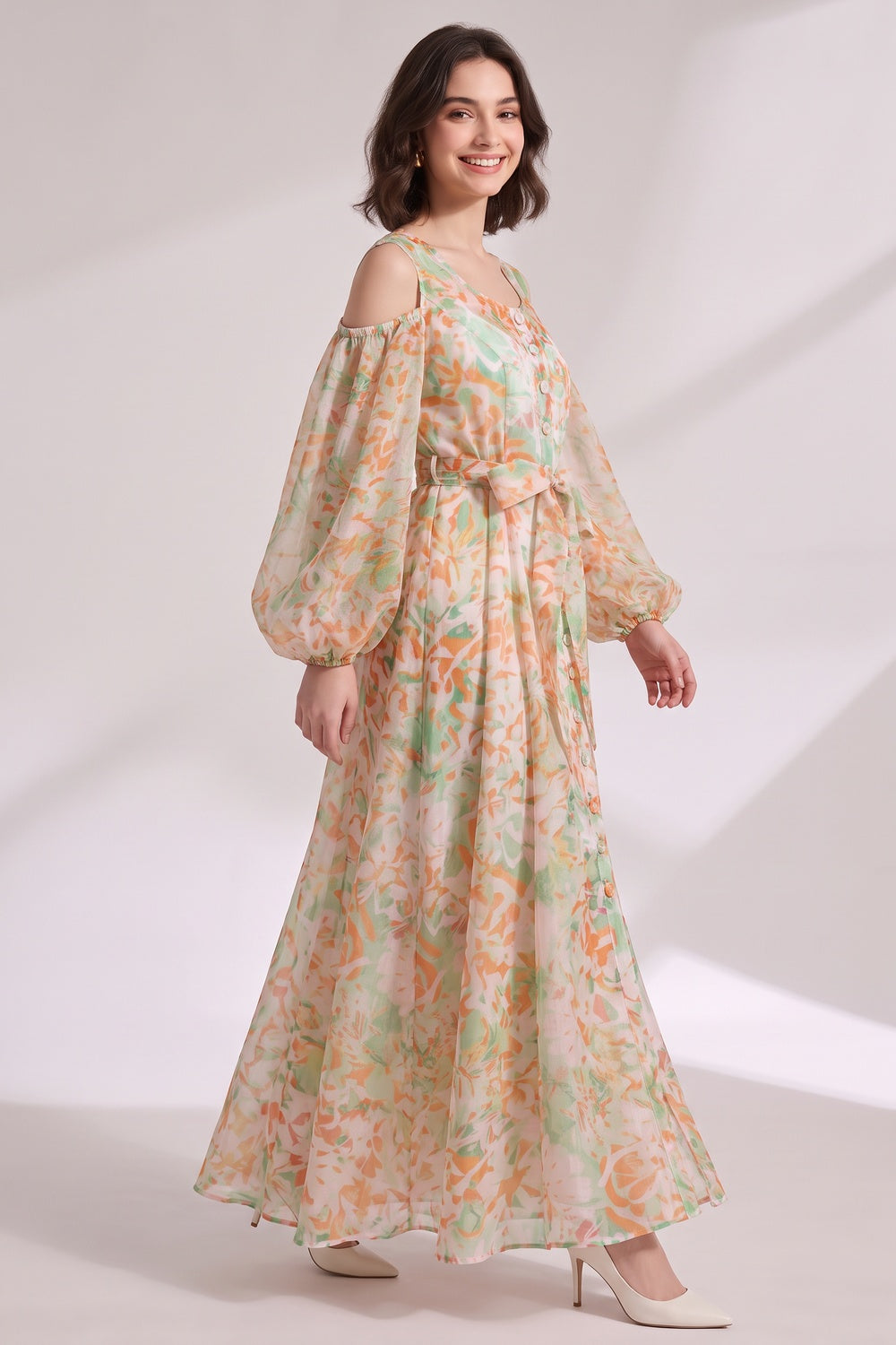 White Sheer Chiffon A-Line Flowy Maxi Dress with Cold-Shoulder Balloon Sleeves Flowering Girl
