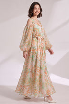White Sheer Chiffon A-Line Flowy Maxi Dress with Cold-Shoulder Balloon Sleeves Flowering Girl