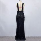 Rebecca Bow Sequin Embellished v Neck Maxi Dress In Black Flowering Girl