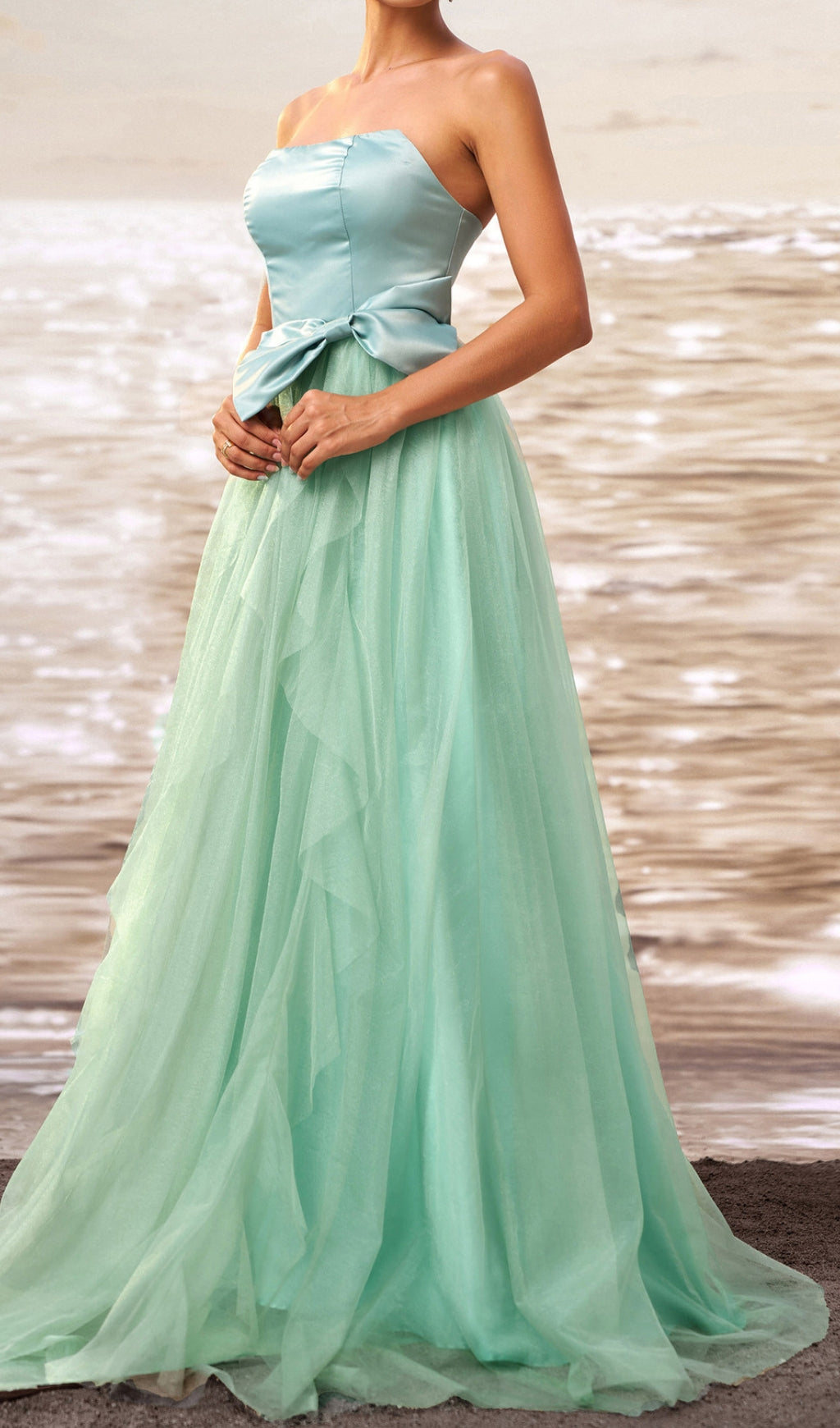 Dafna Mint Strapless Bow Mesh Maxi Dress Flowering Girl