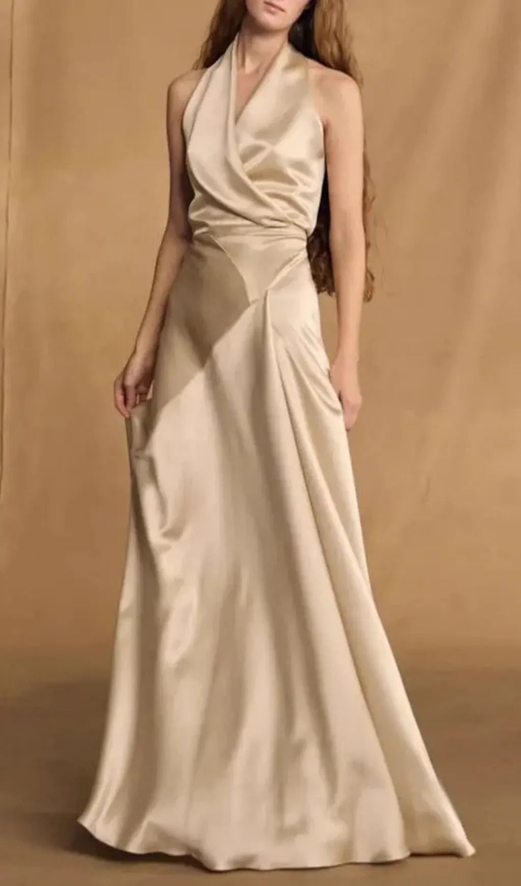 Kay Champagne Crepe Bias-Cut Satin Halter Maxi Dress Flowering Girl