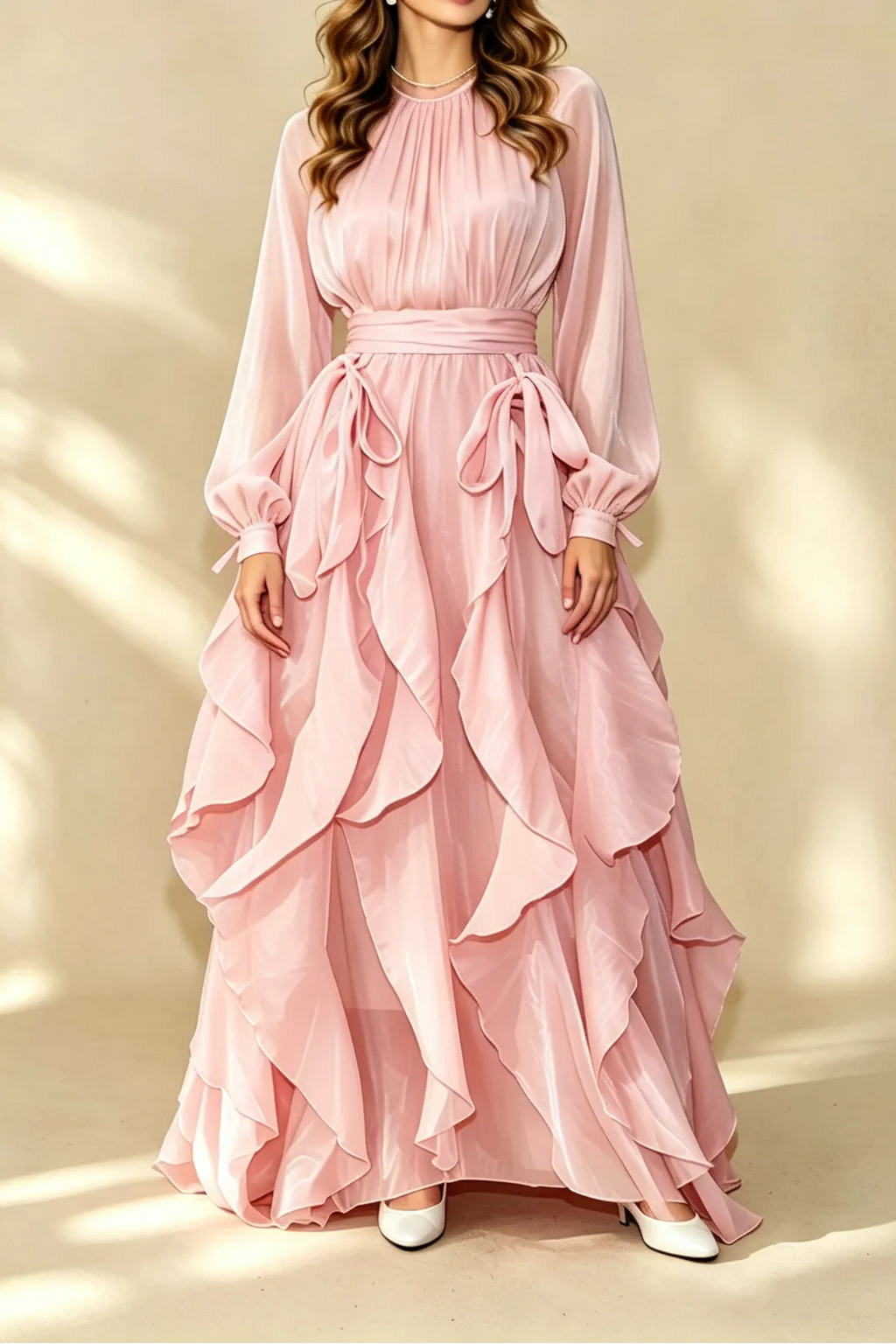 Champagne Shimmer Chiffon High Neck Tie Cuff Ruffled Maxi Gown Flowering Girl
