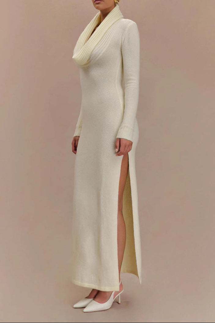 White Drop-Collar Long-Sleeved Knitted Dresses Flowering Girl