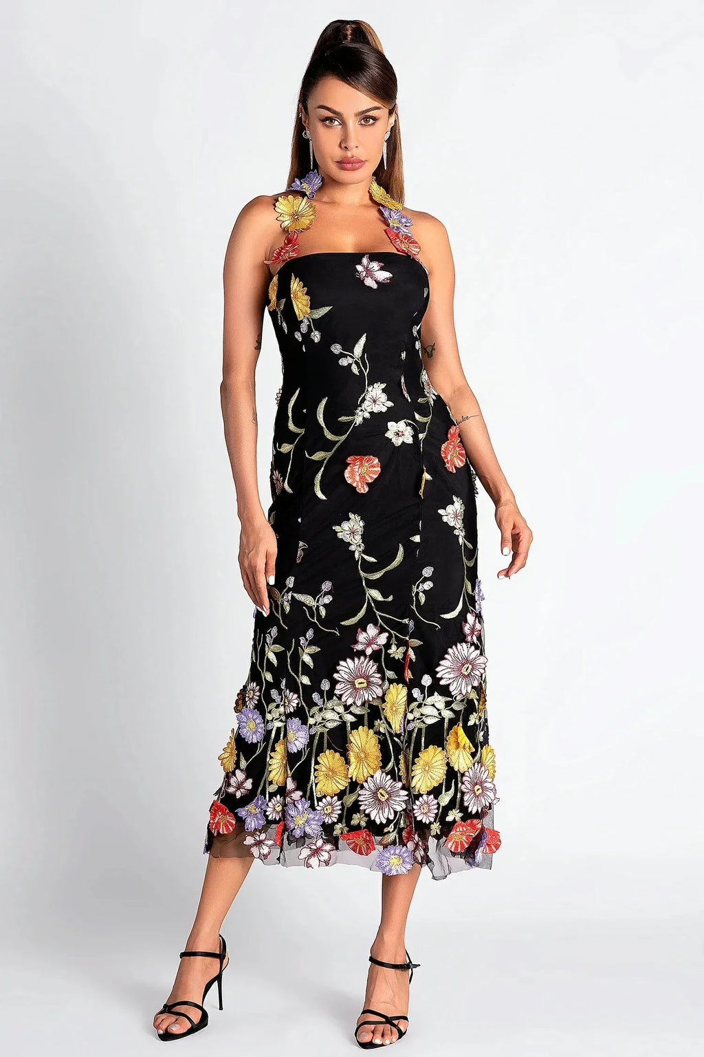 Halter Embroider Floral Midi Dress In Black Flowering Girl