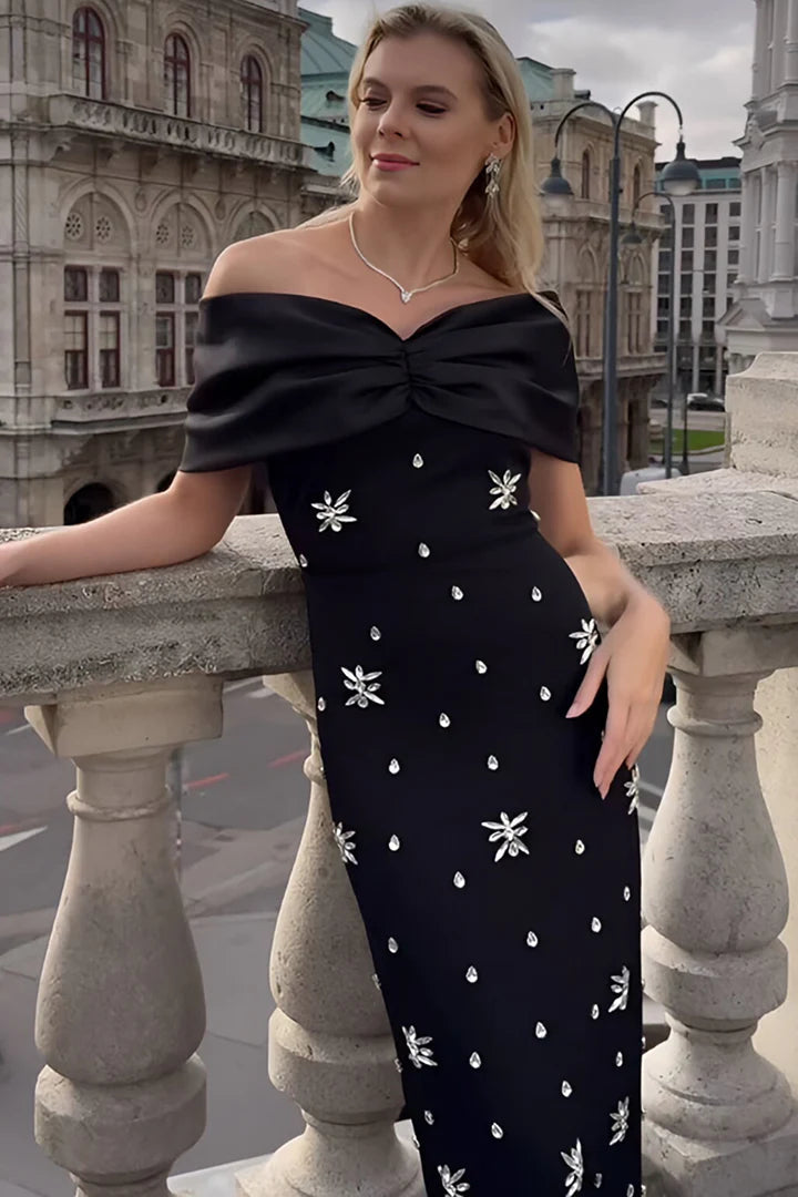 draped bardot crystal detail maxi dress in black Flowering Girl
