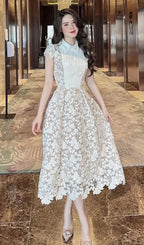 Leila White 3D Flower Embroidery Bow Lace Midi Dress Flowering Girl