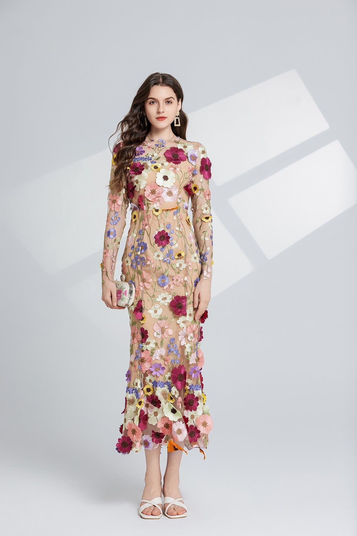 CAROL brown FLORAL EMBROIDERY MESH LONG SLEEVE MIDI DRESS Flowering Girl