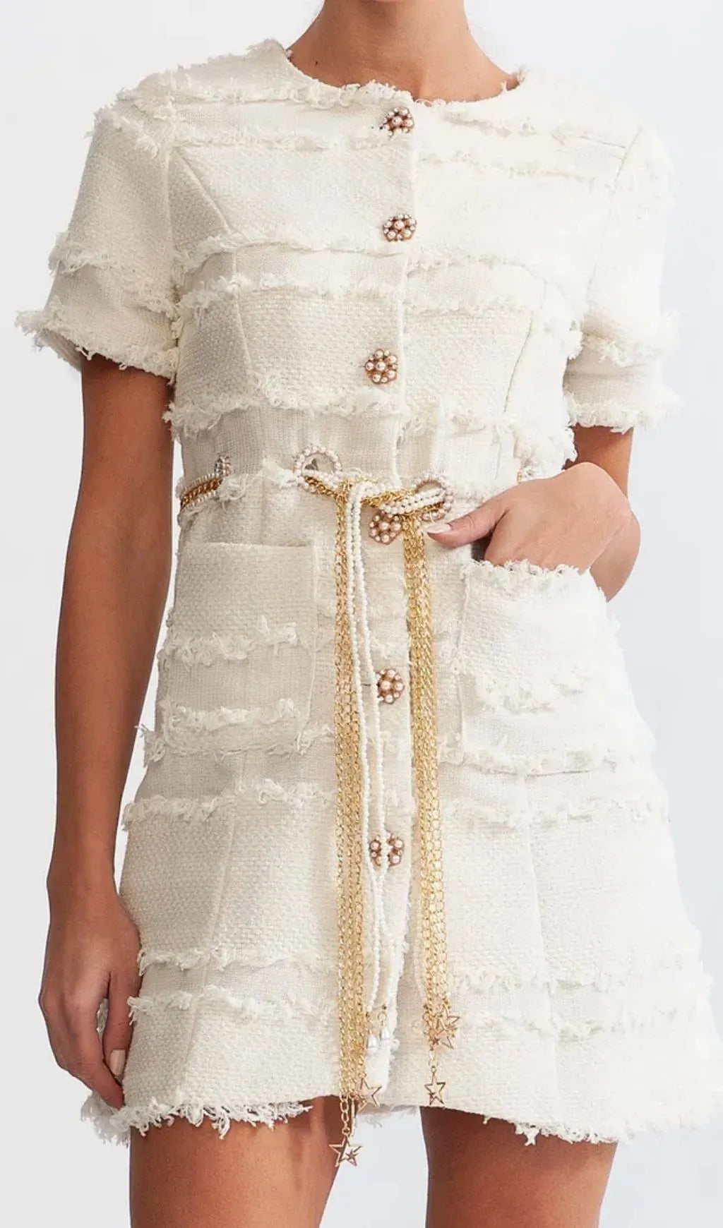 Marguerite Pearl Chain Tweed Mini Dress - Beige Flowering Girl