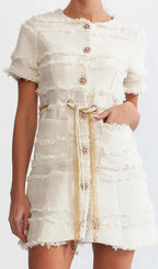 Marguerite Pearl Chain Tweed Mini Dress - Beige Flowering Girl