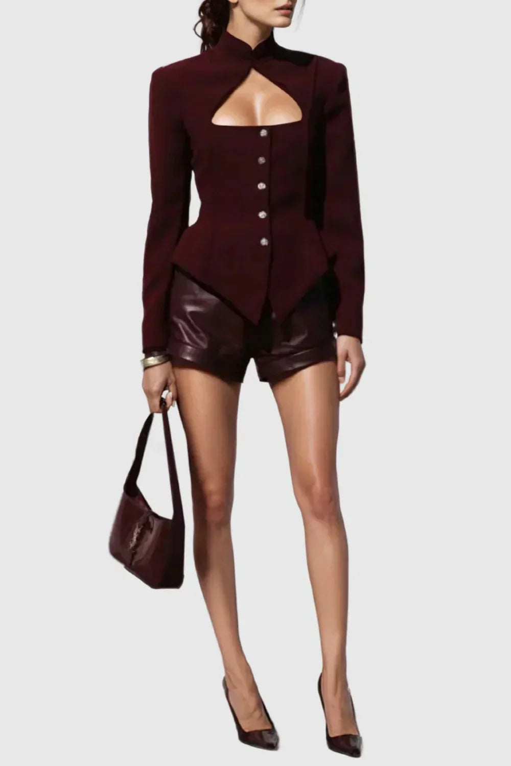 Aymee Cutout Button Blazer in burgundy Flowering Girl