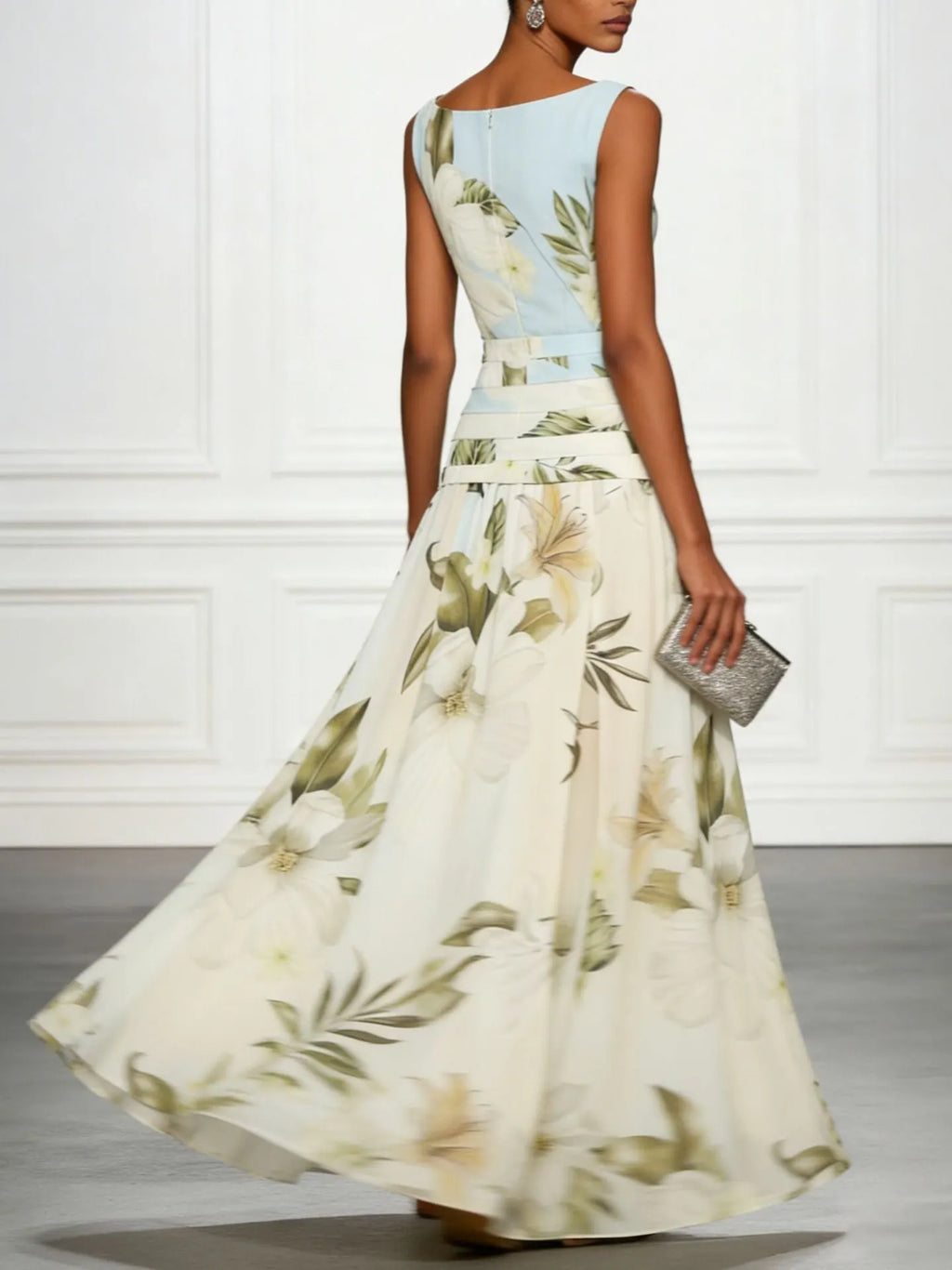 Floral Print Ruched Sleeveless A-Line Maxi Dress Flowering Girl