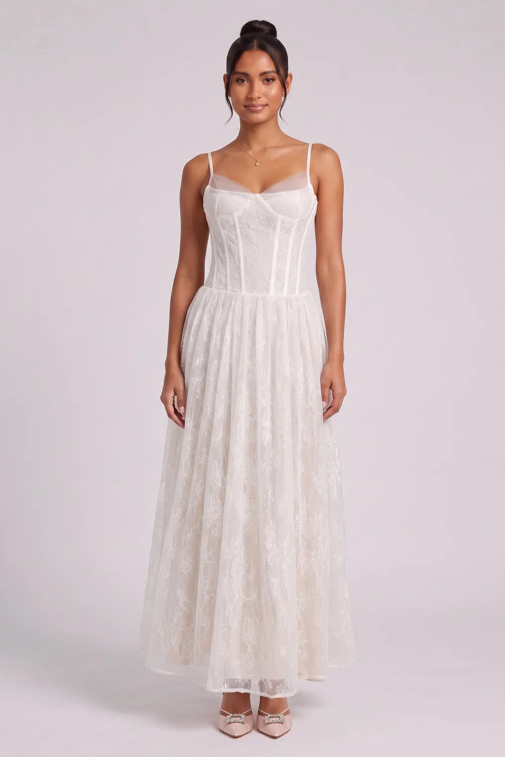 White Lace Corset Midi Dress Flowering Girl