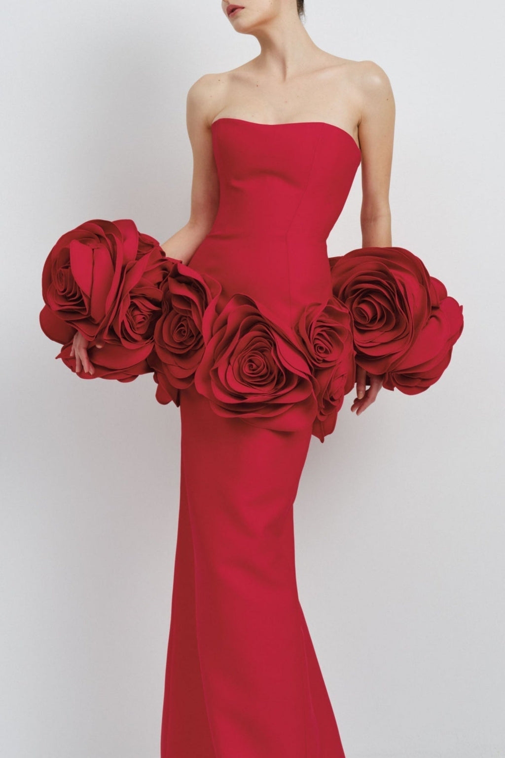 Sherise Floral Appliqué Strapless Maxi Bandage Dress - Red Flowering Girl
