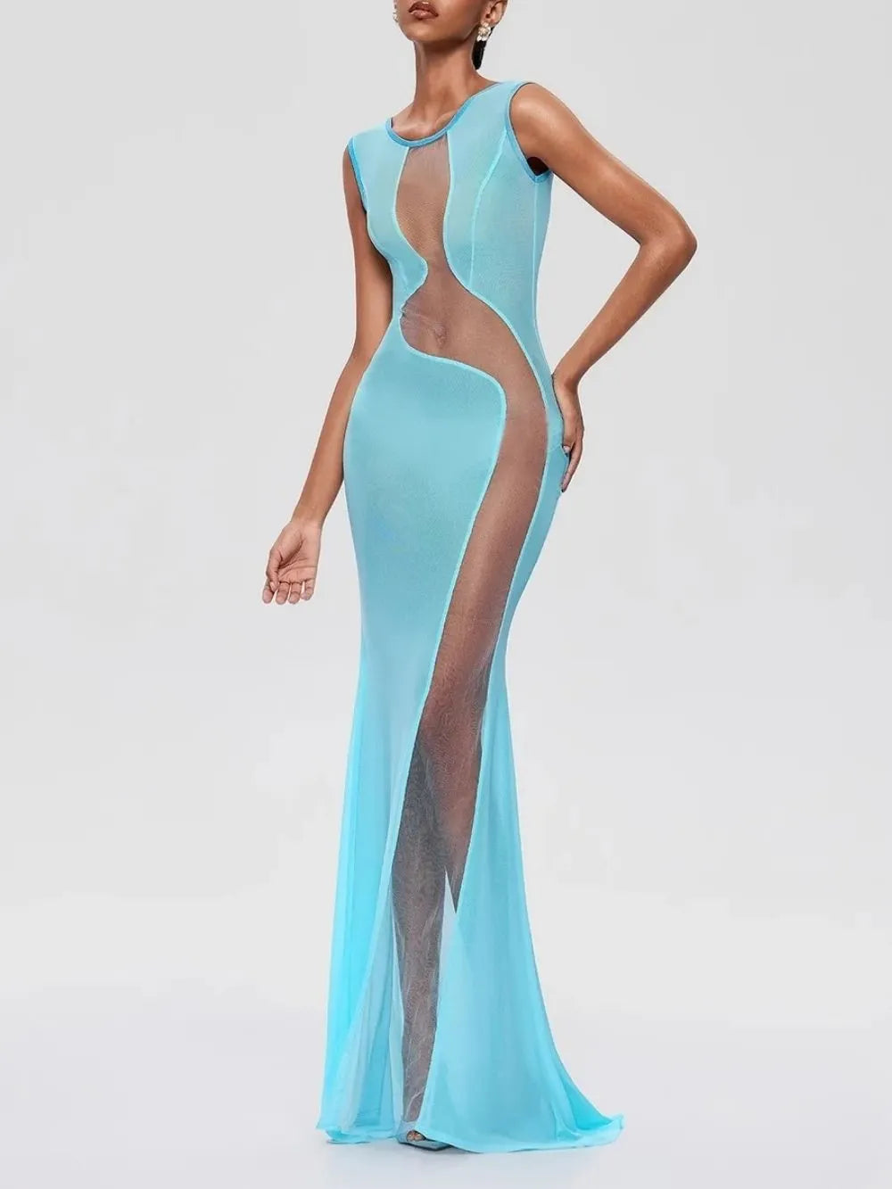 Furaira Sleeveless See Through Maxi Dress In Sky Blue Flowering Girl