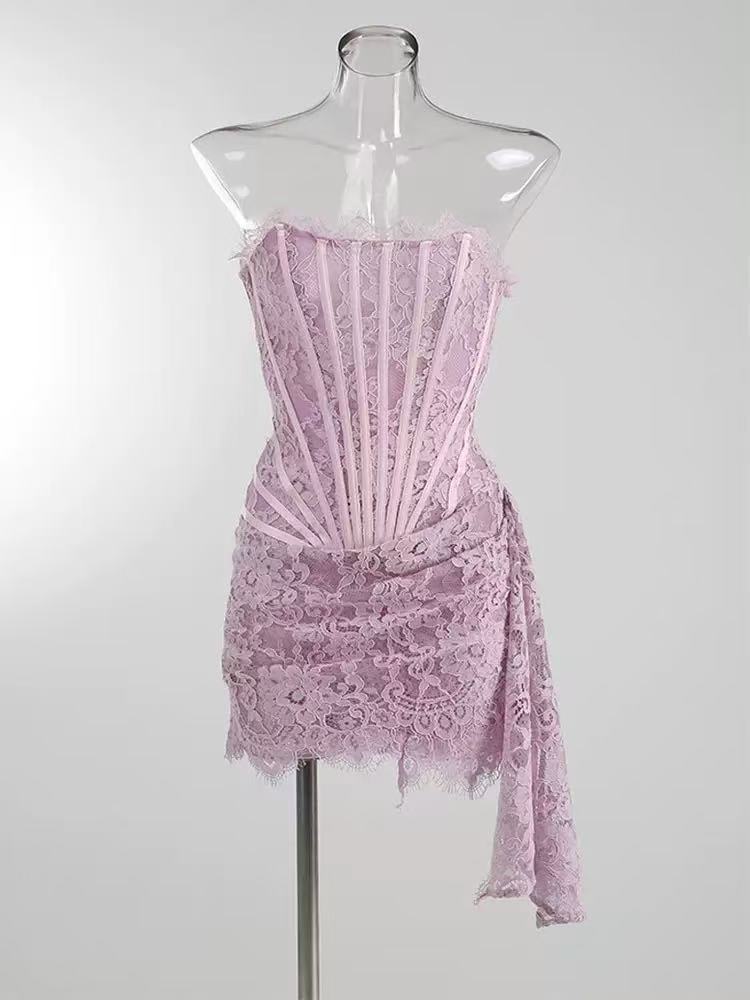 Kellie Strapless Lace Appliques Mini Dress In Light Purple Flowering Girl