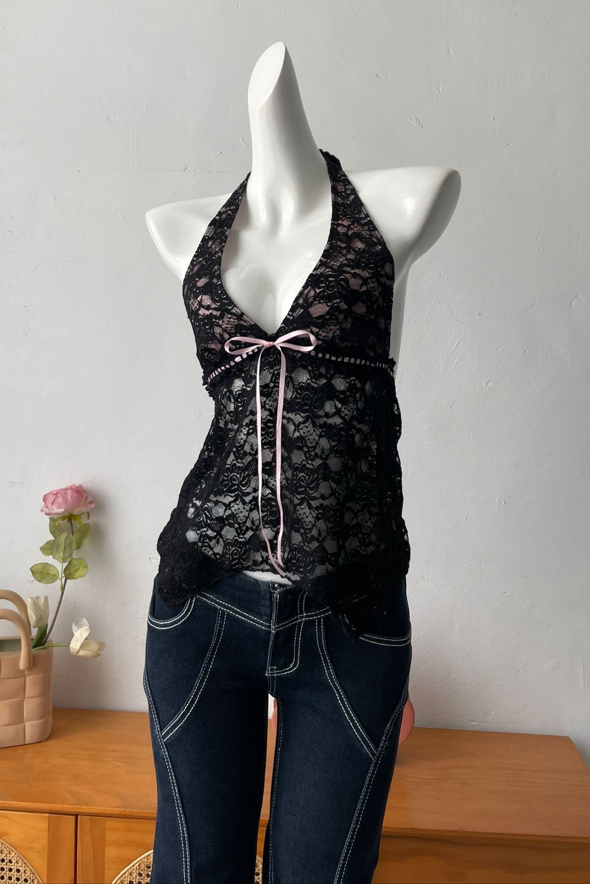 Backless Sheer Lace Halter Top In Black Flowering Girl