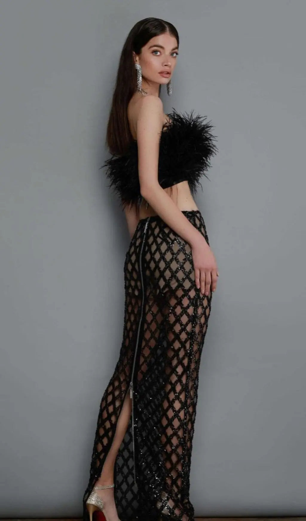 Feather Sequin Two Piece Set In Black Flowering Girl