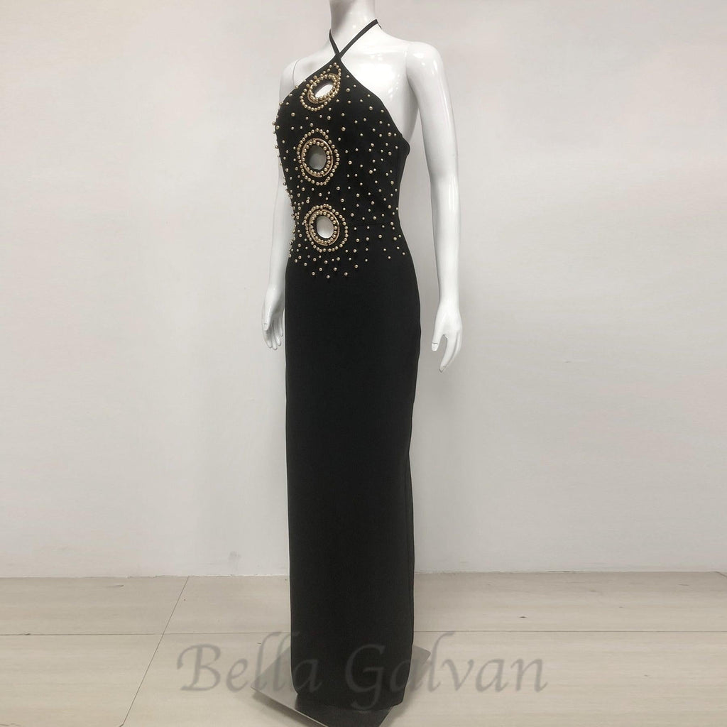 embellished cut out halter maxi dress in black Flowering Girl