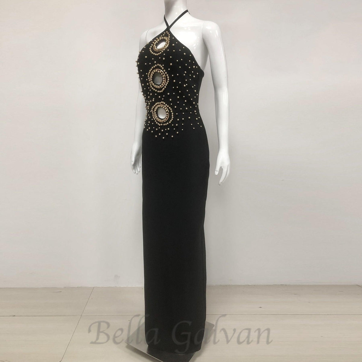 embellished cut out halter maxi dress in black Flowering Girl
