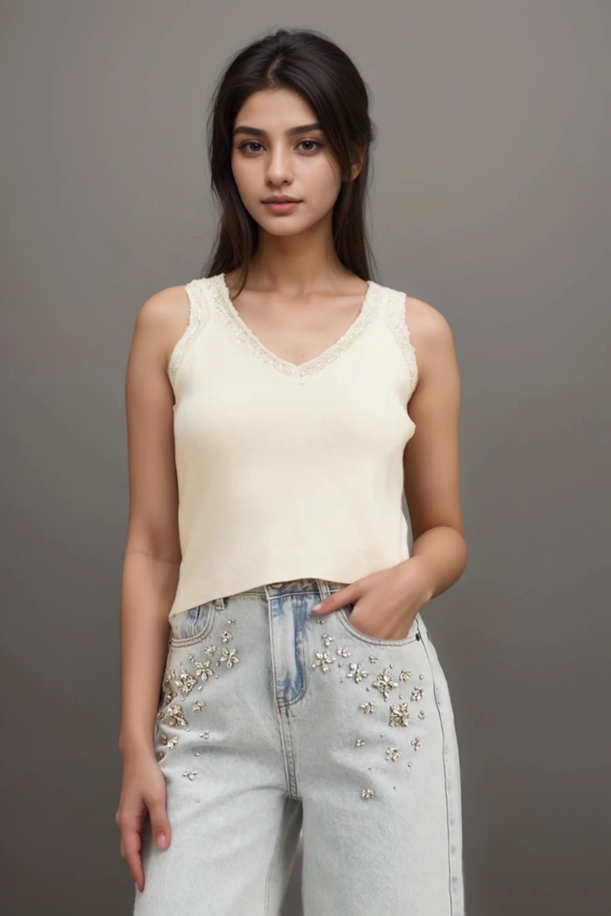 Celia White Sequined Fine-Knit Cropped Top Flowering Girl