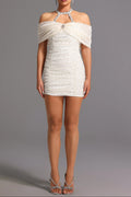Joa Halter Off-The-Shoulder Bow Mini Dress In Apricot Flowering Girl