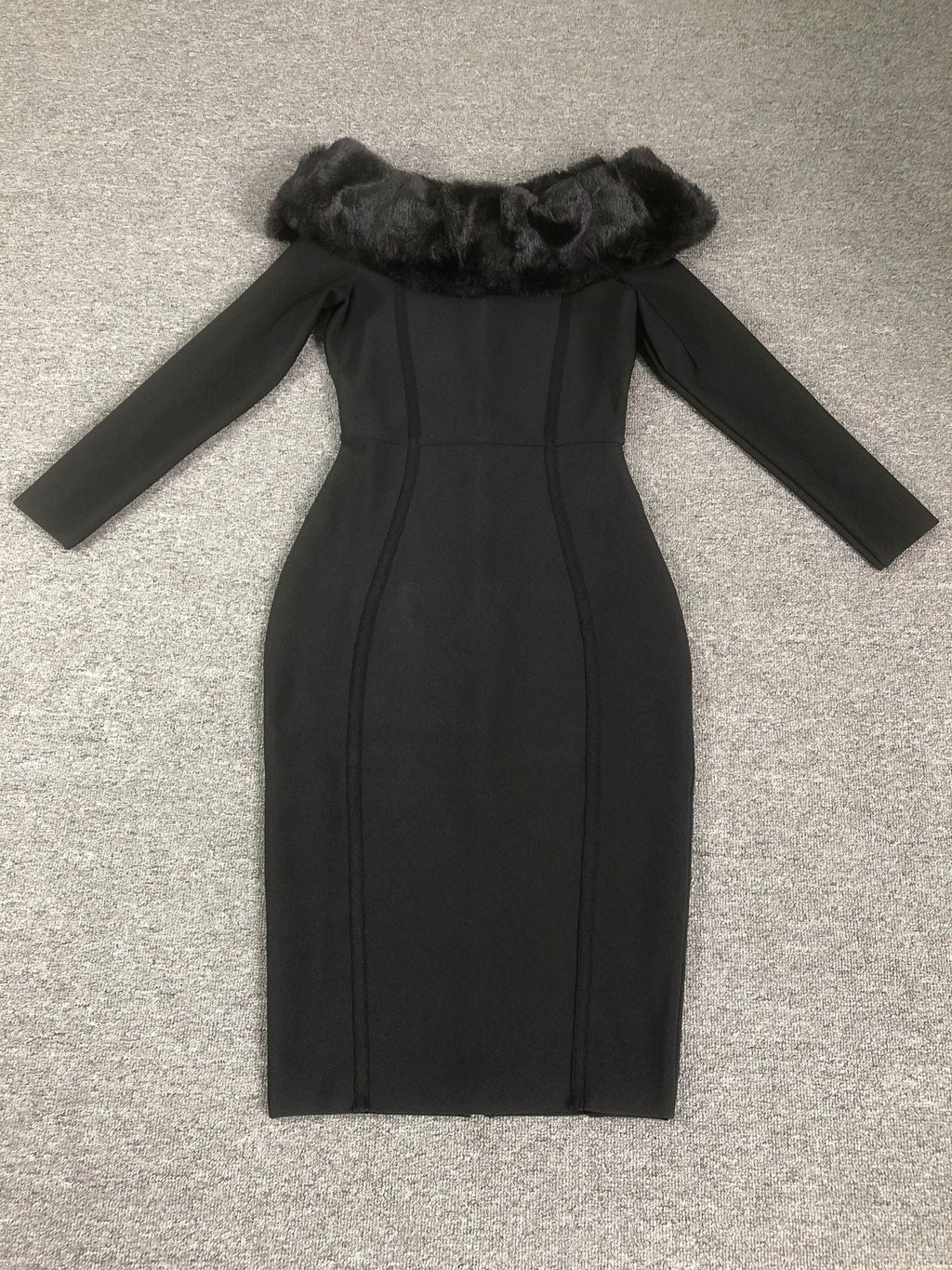 Fuzzy Trim Split Bodycon strapless midi Dress in black Flowering Girl