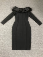 Fuzzy Trim Split Bodycon strapless midi Dress in black Flowering Girl