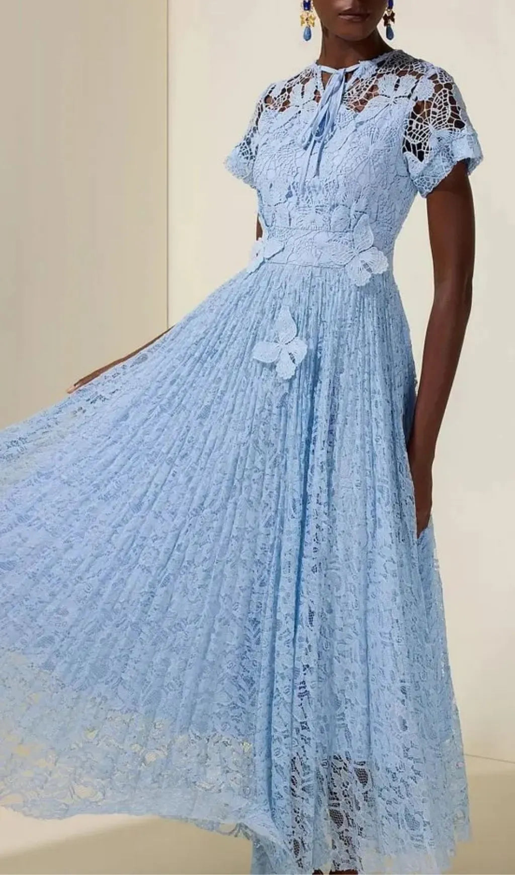 Selena Lace Butterfly Pleated Midi Dress - Blue Flowering Girl