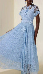 Selena Lace Butterfly Pleated Midi Dress - Blue Flowering Girl