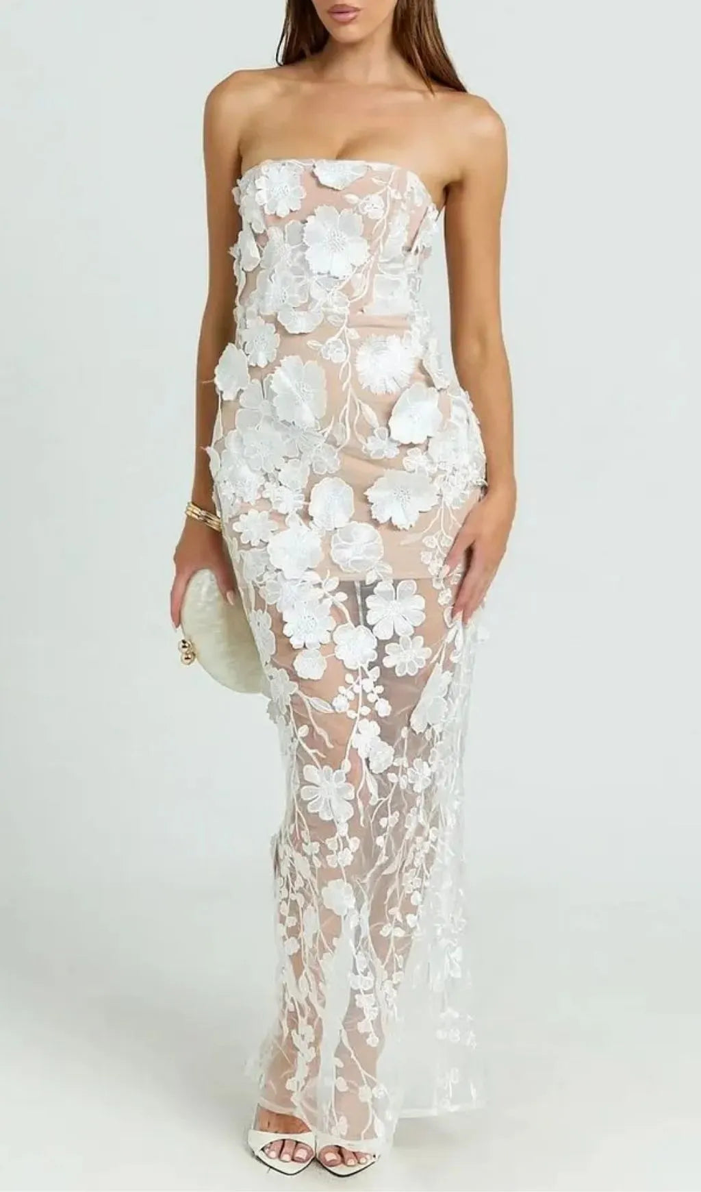 Strapless 3D Floral Mesh Maxi Dress Flowering Girl