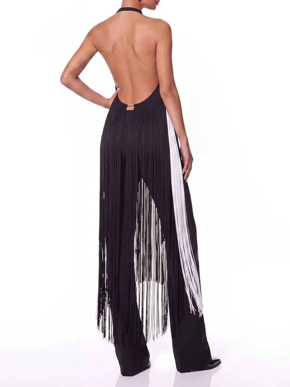 Pyrune Halterneck Fringe Midi Dress Flowering Girl