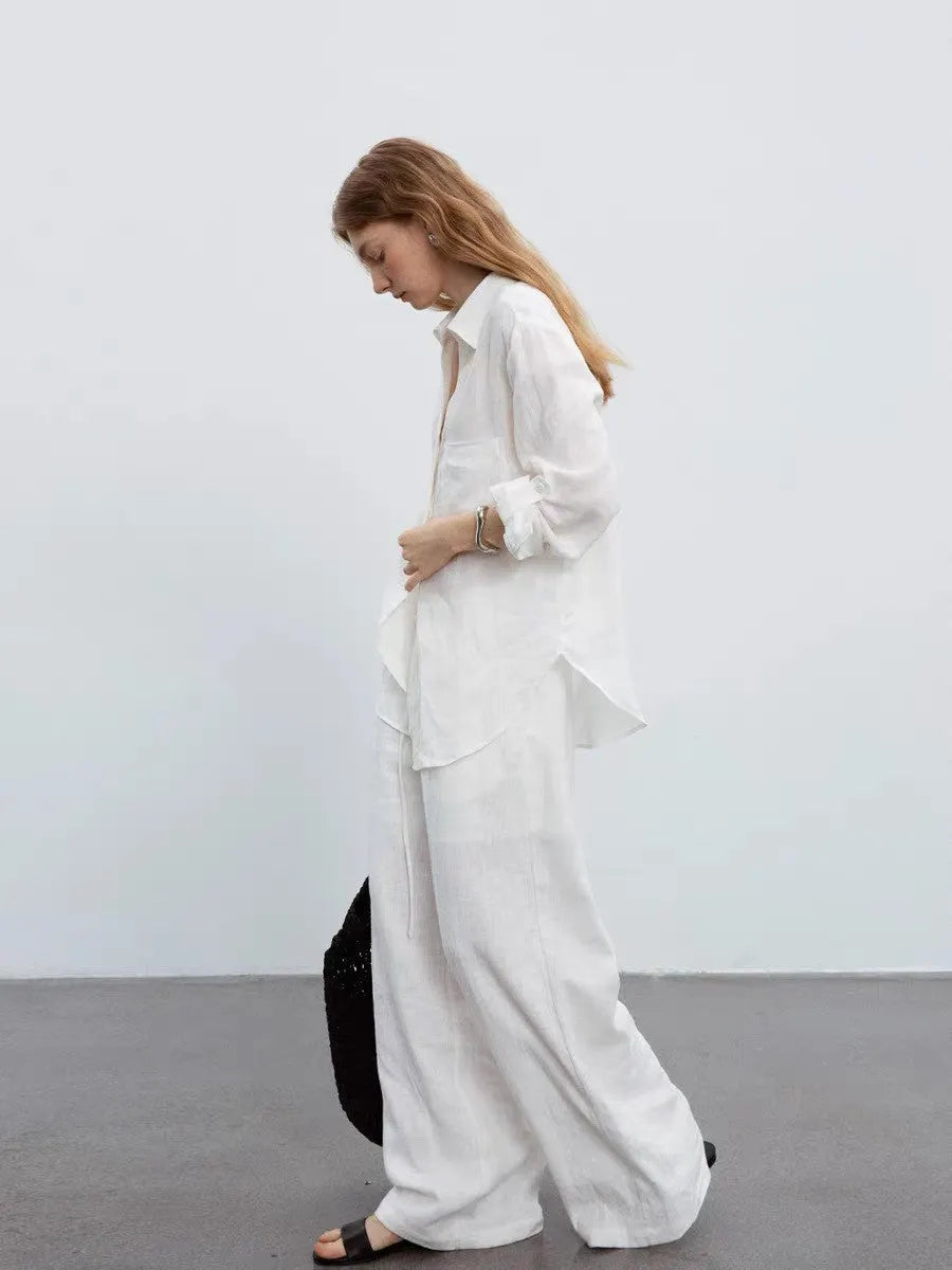 White V-Neck Linen Long-Sleeved Shirt Flowering Girl